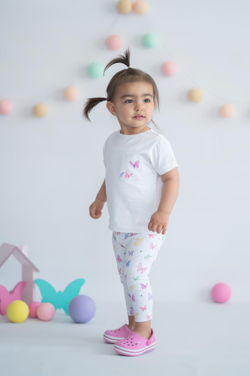 Butterfly Organic Baby Girl Patch Pocket T-Shirt / 3-6M | 6-12M | 1-2Y | 2-3Y - Kids Fashion Turkey