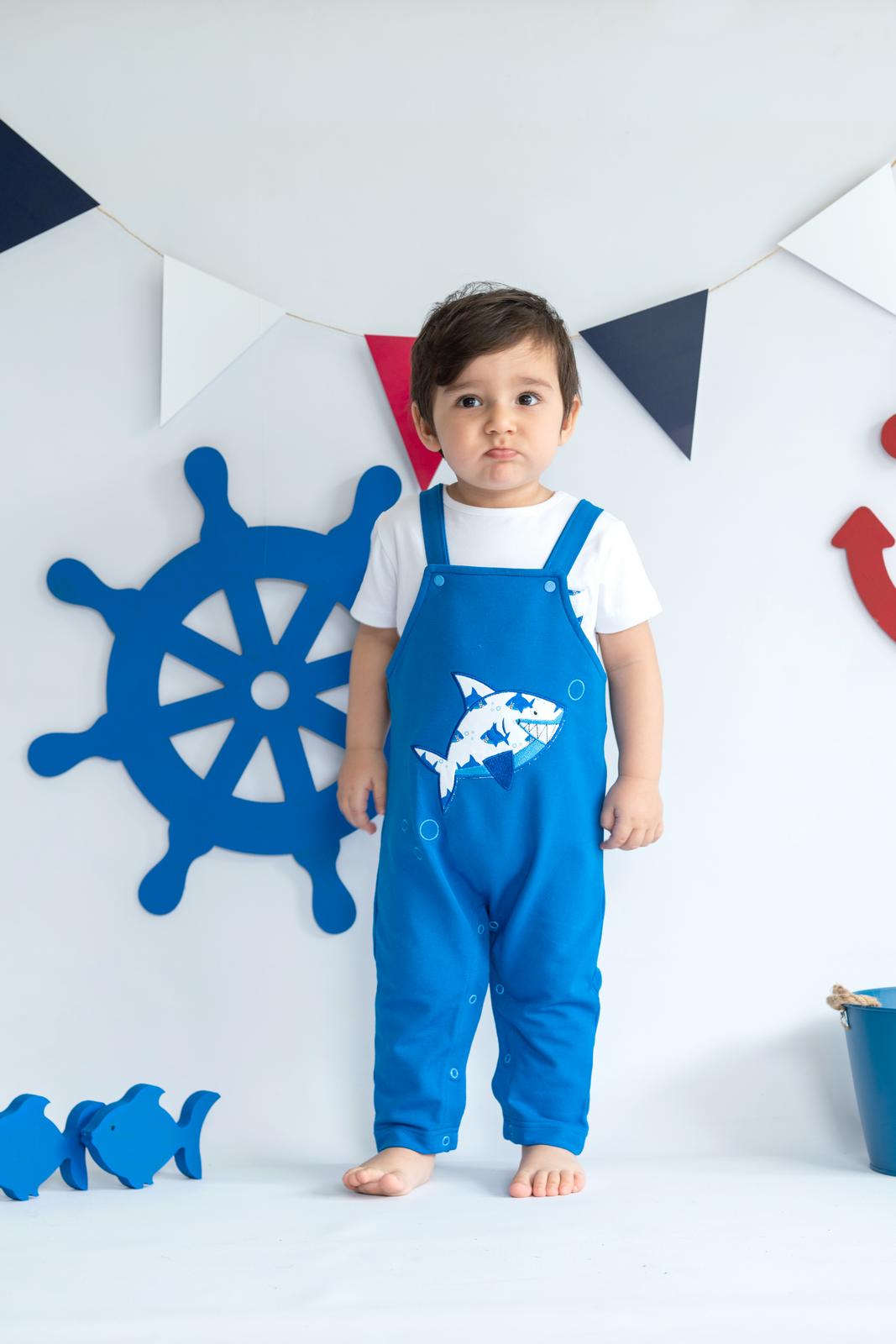 Shark In Blue Organic Baby Boy Long Rompers / 3-6M | 6-12M - Kids Fashion Turkey