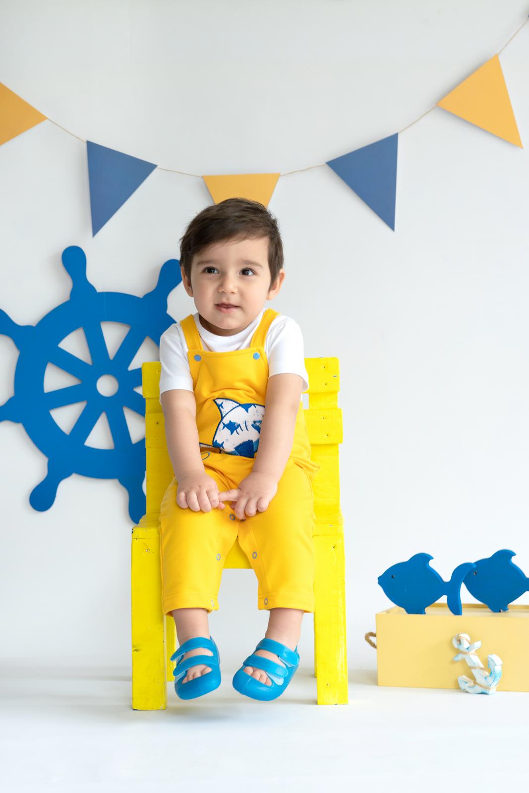 Shark In Yellow Organic Baby Boy Long Rompers / 3-6M | 6-12M - Kids Fashion Turkey