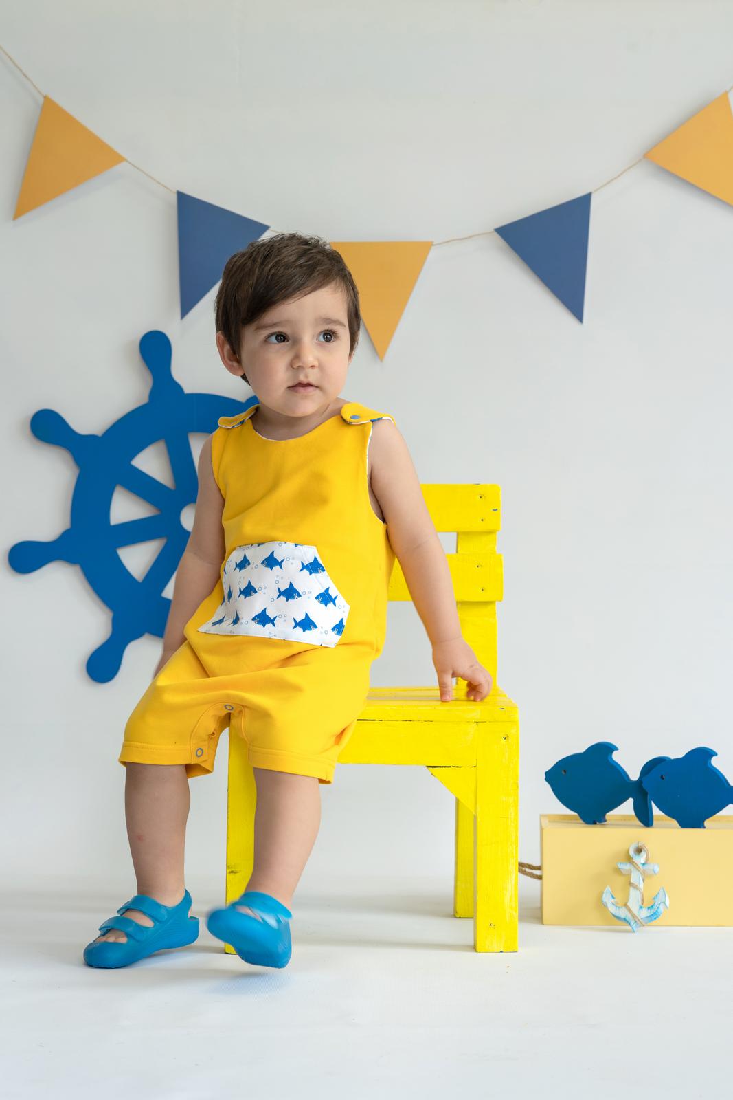Shark In Yellow Organic Baby Boy Rompers / 3-6M - Kids Fashion Turkey