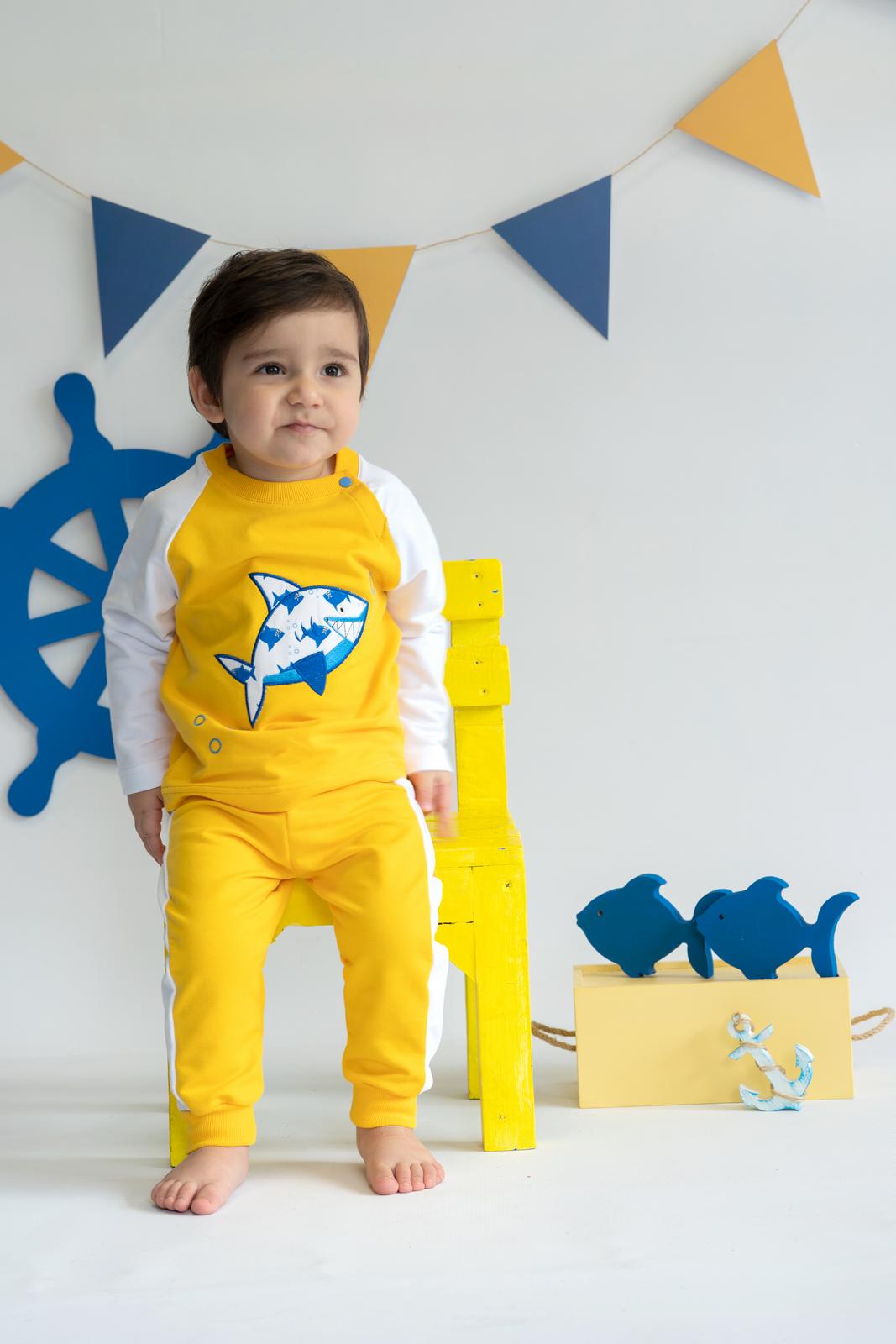 Shark In Yellow Organic Baby Boy Sweatshirt / 3-6M | 6-12M | 1-2Y | 2-3Y - Kids Fashion Turkey