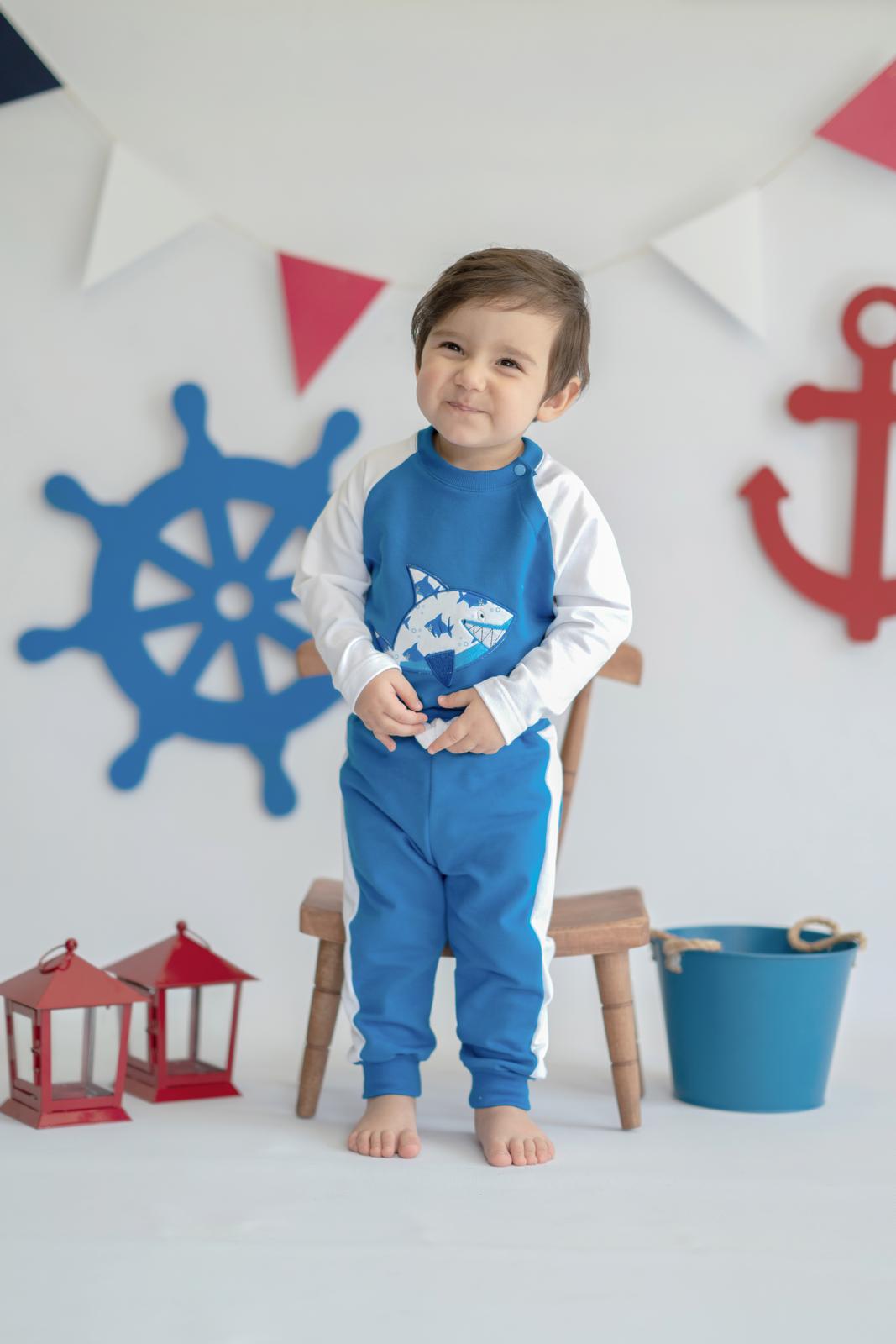Shark In Blue Organic Baby Boy Sweatshirt / 3-6M | 6-12M | 1-2Y | 2-3Y - Kids Fashion Turkey