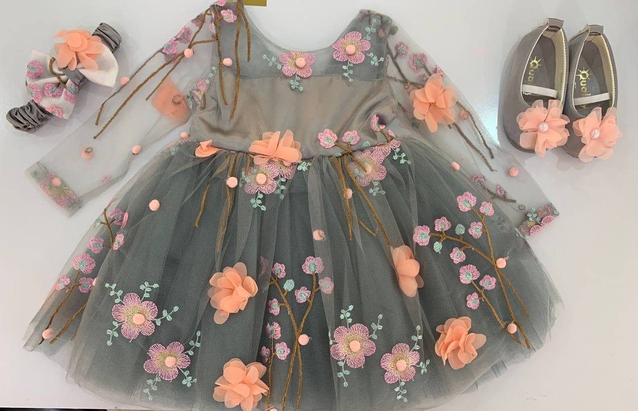 3 Pieces Fancy Baby Girl Dress Set (Baby Girl Dress + Shoes + Crown) / 6M | 9M | 12M - Kids Fashion Turkey