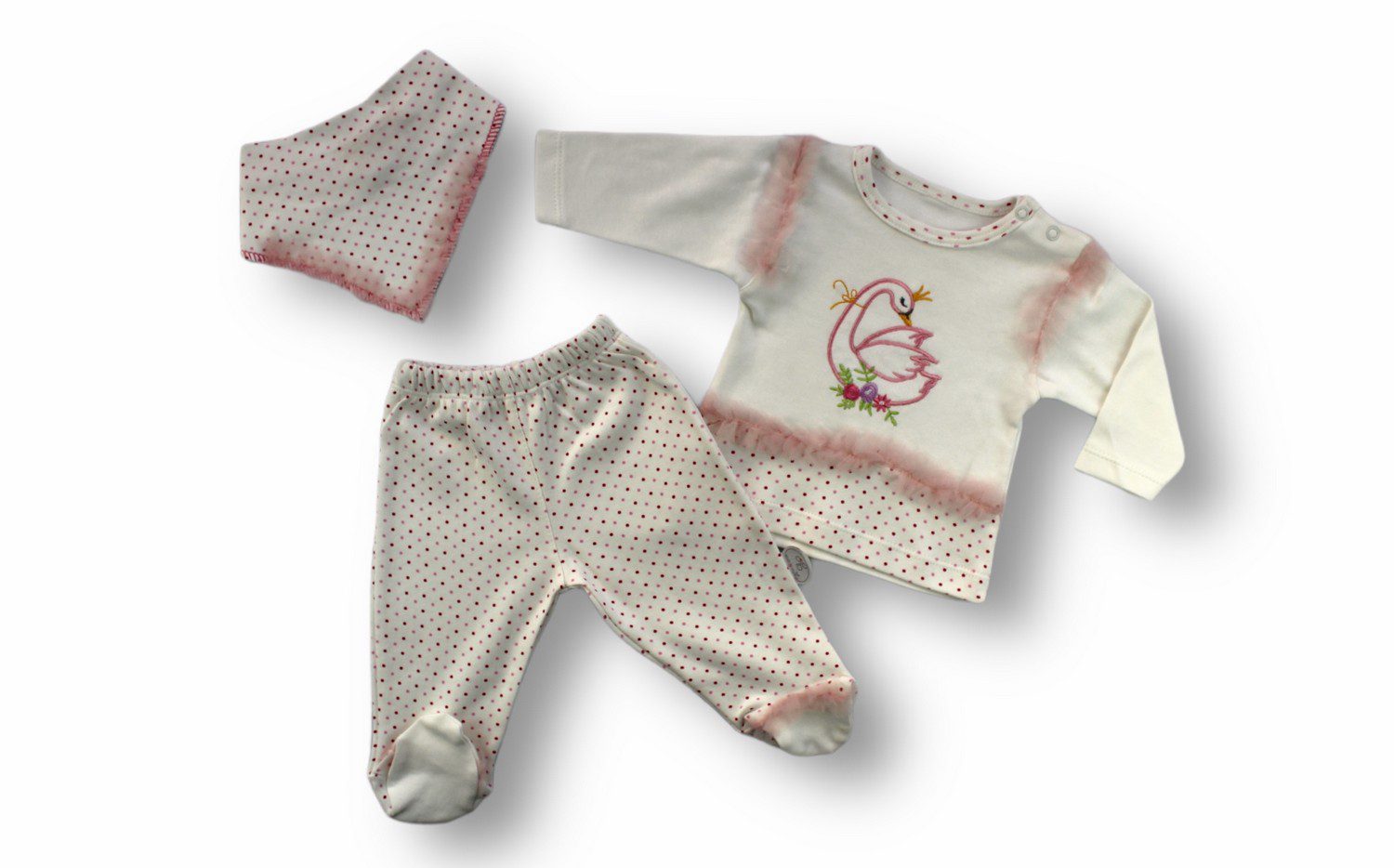 Baby Girl 3 Pieces Swan Set (T-Shirt - Pant - Bib) / 3-6M | 6-9M | 9-12M - Kids Fashion Turkey