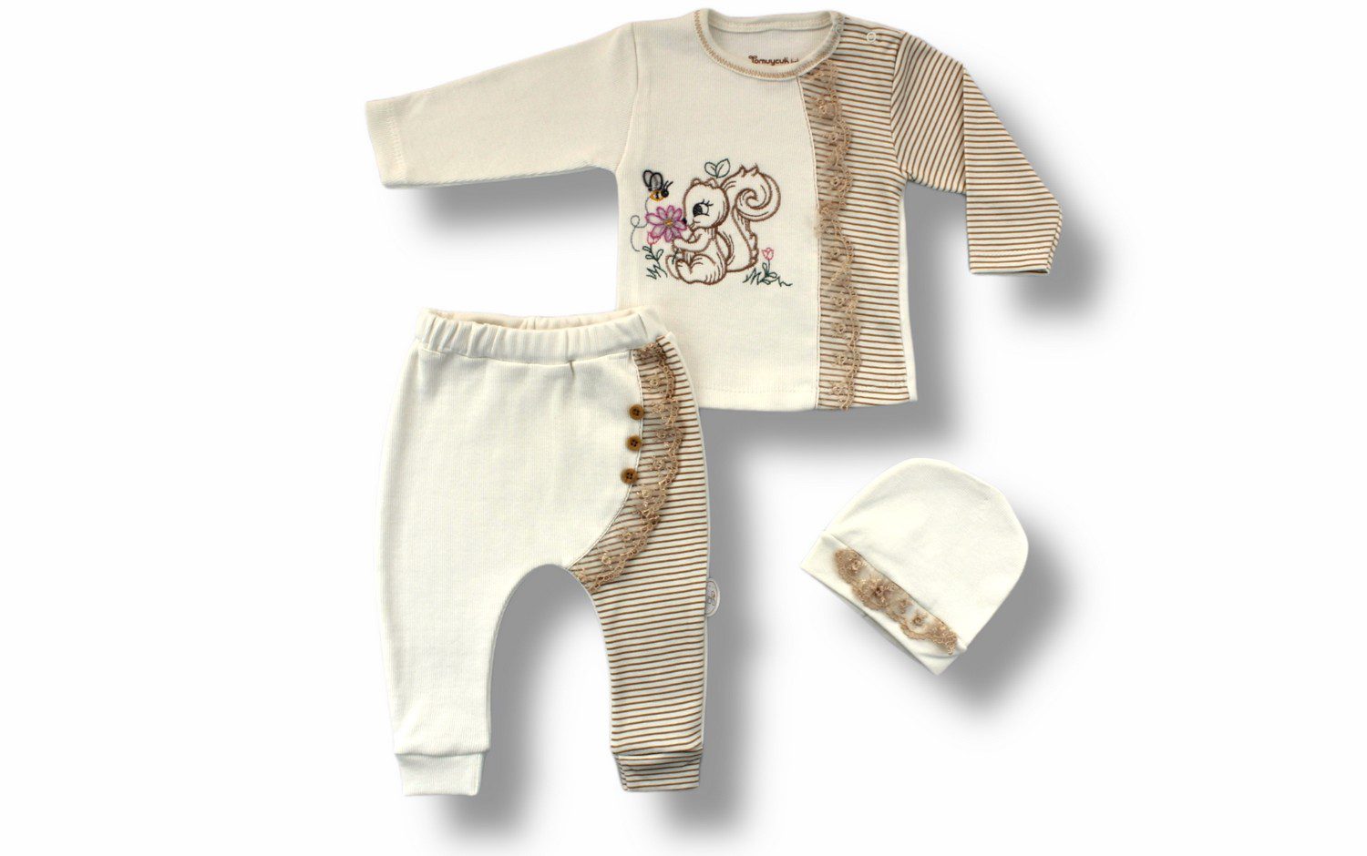 Baby Girl 3 Pieces Set (Body - Pant - Beret) / 3-6M | 6-9 | 9-12M - Kids Fashion Turkey