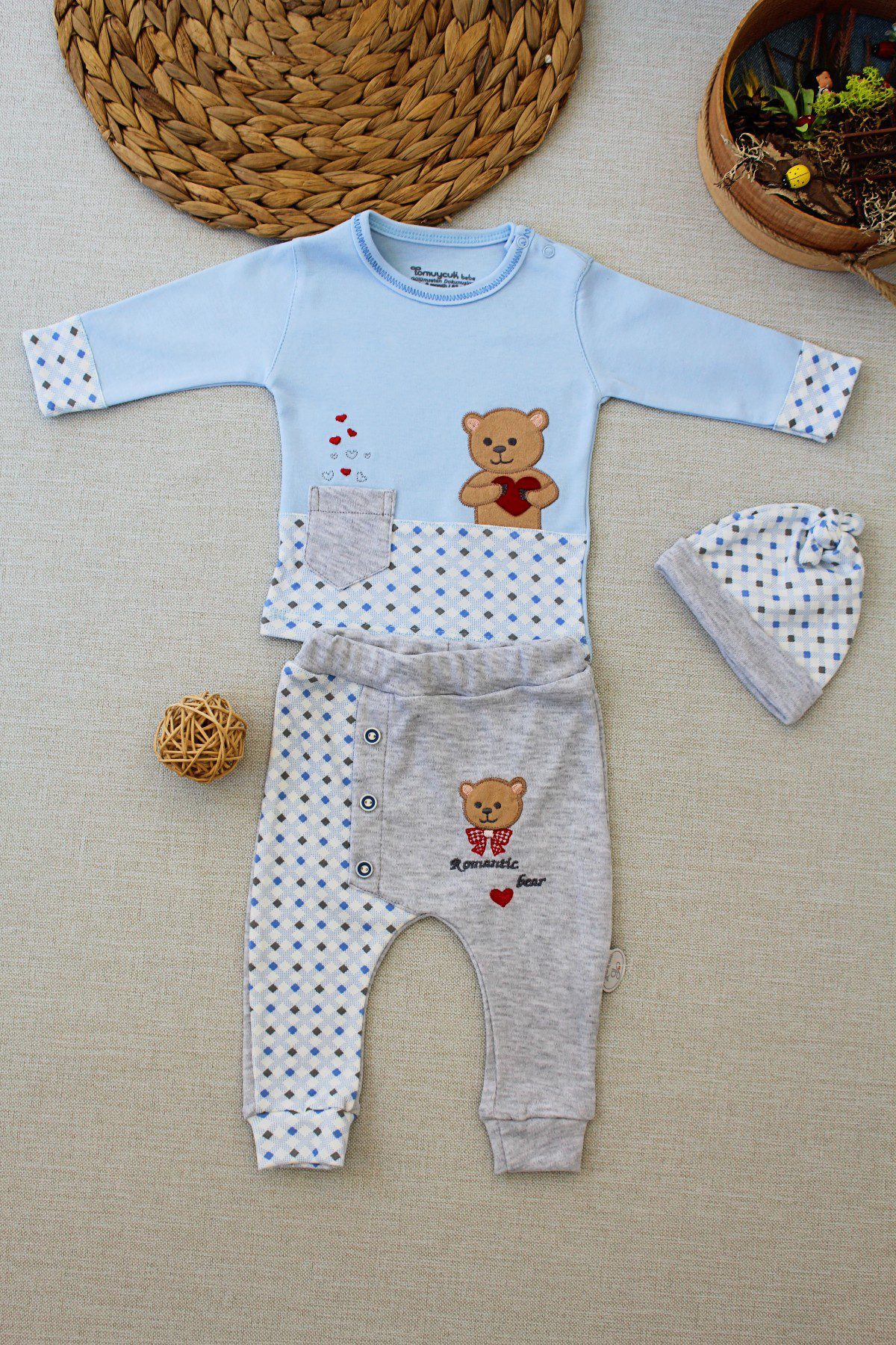 Baby Boy 3 Pieces Set (T-Shirt - Pant - Beret) / 3-6M | 6-9M | 9-12M - Kids Fashion Turkey