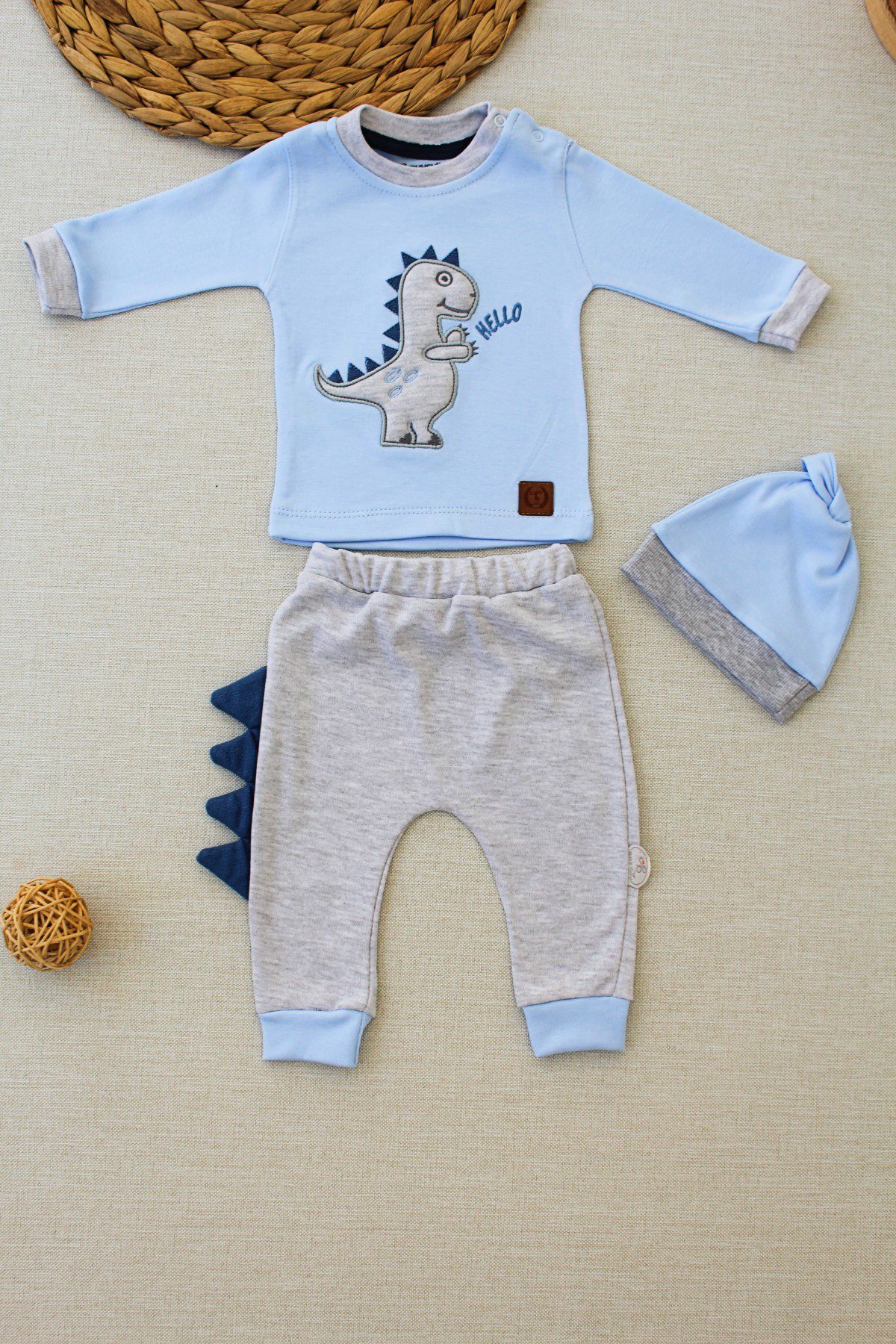 Baby Boy 3 Pieces Dino Tracksuit Set (T-Shirt - Sweatpant - Beret) / 3-6M | 6-9M | 9-12M - Kids Fashion Turkey