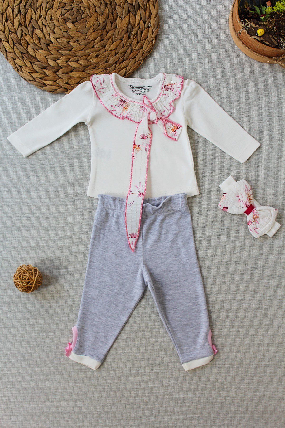 Baby Girl 3 Pieces Frilly Tracksuit Set (T-Shirt - Sweatpant - Bandana) / 3-6M | 6-9M | 9-12M - Kids Fashion Turkey