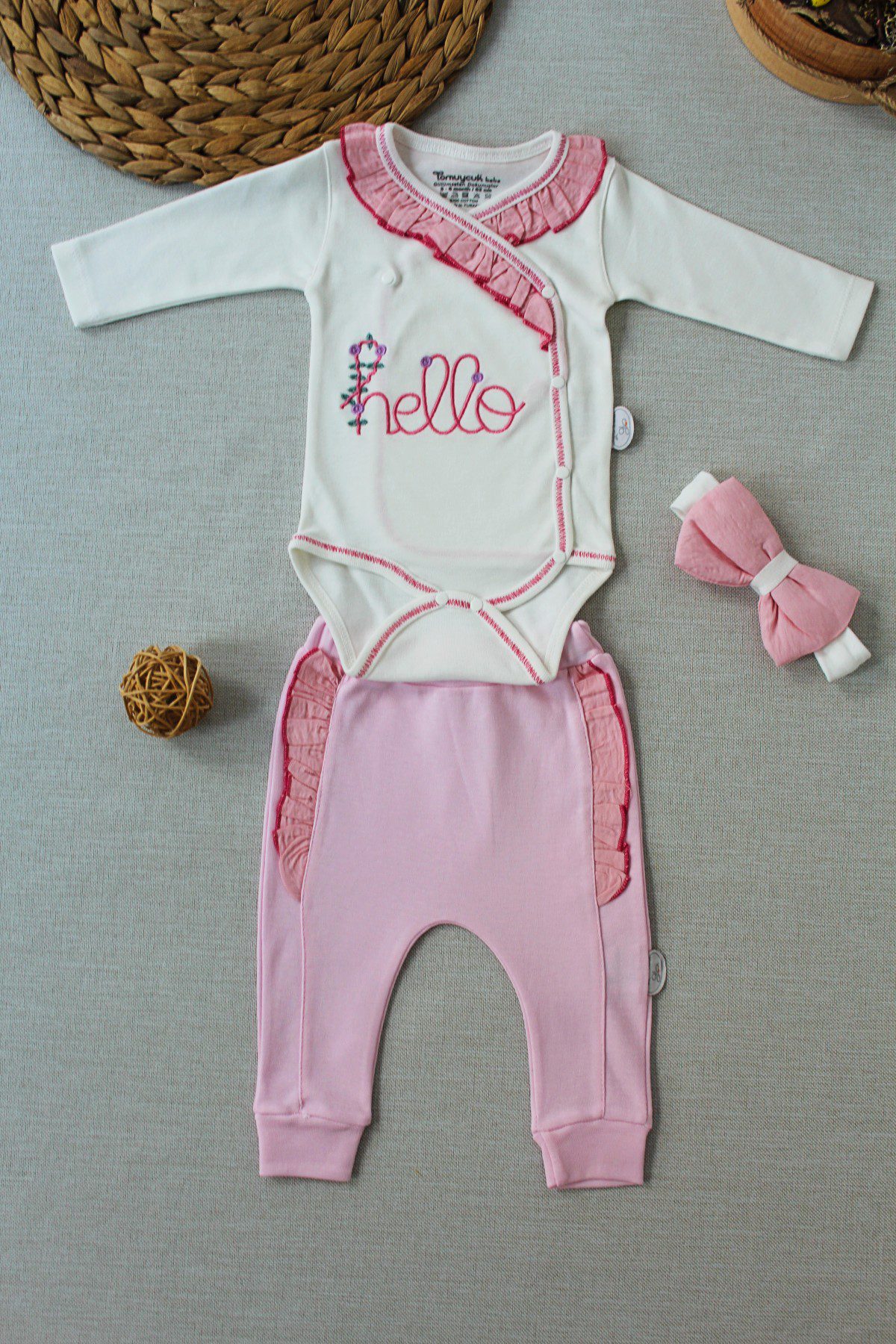 Baby Girl 3 Pieces Hello Bodysuit Set / 3-6M | 6-9M | 9-12M - Kids Fashion Turkey