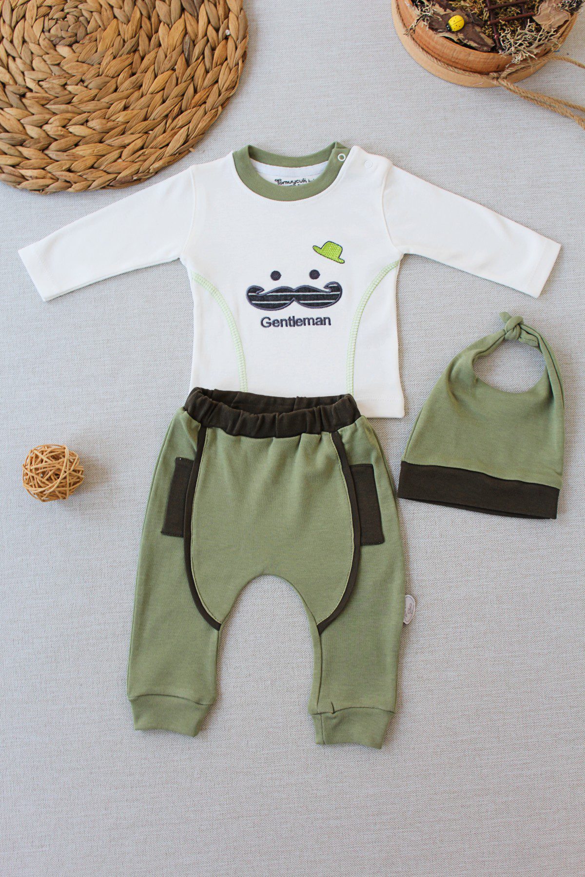 Baby Boy 3 Pieces Gentleman Tracksuit Set (T-Shirt - Sweatpant - Beret) / 3-6M | 6-9M | 9-12M - Kids Fashion Turkey