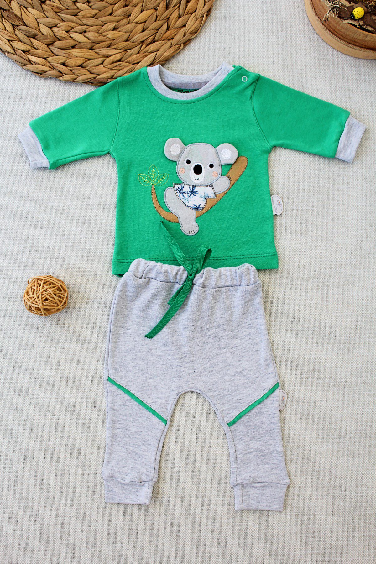 Unisex Baby 2 Pcs Green Baby Koala Set / 3M | 6M | 9M | 12M - Kids Fashion Turkey