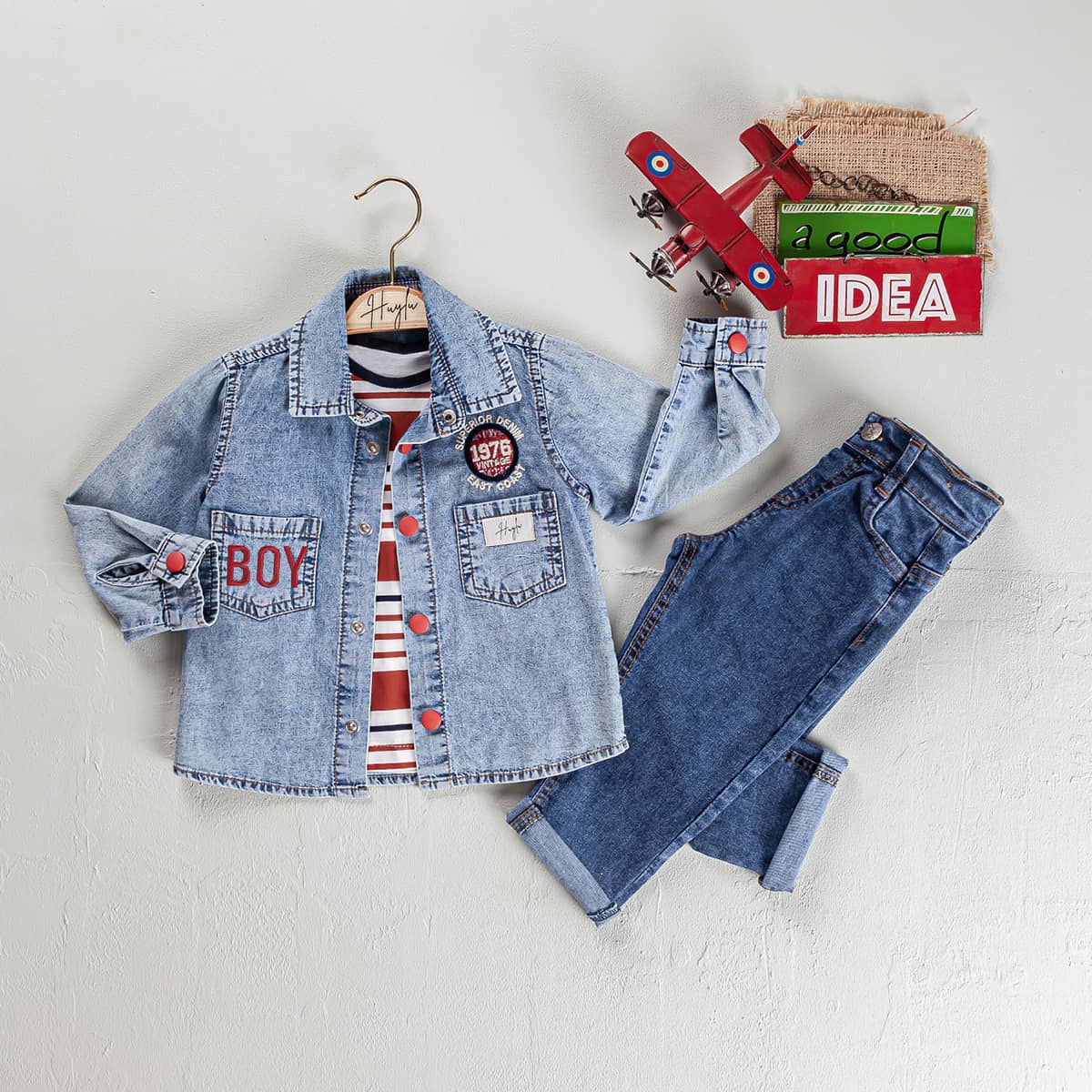Baby Boy 3 Pieces Jeans Set With Colored T-Shirt And Buttons / 9M | 12M | 18M | 24M - Kids Fashion Turkey