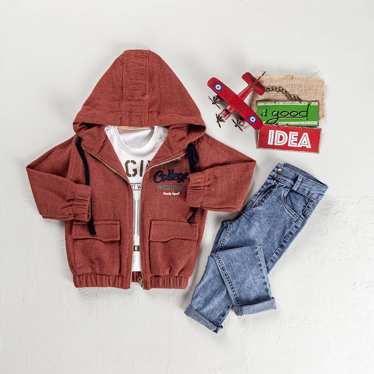 Unisex 3 Pieces Set Jeans Suit With Shirred And Hoodie / 2Y | 3Y | 4Y | 5Y - Kids Fashion Turkey
