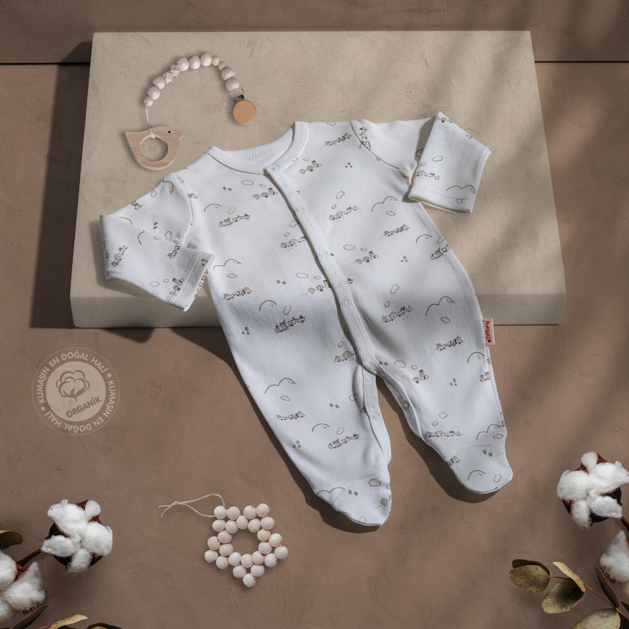Organic Cotton Route Organic Theme Long Sleeved Overall With Bootee / 0-3M | 3-6M | 6-9M | 9-12M - Kids Fashion Turkey