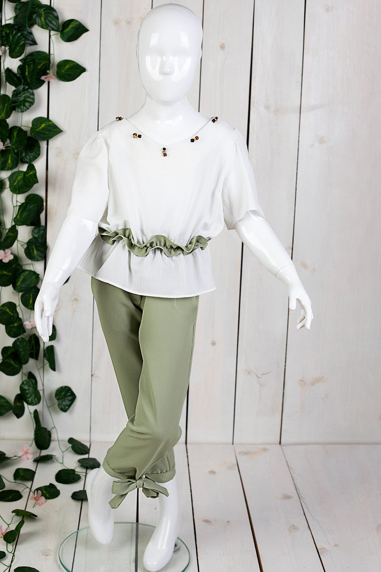 Girl Bead Collar Suit ( Blouse + Pant ) / 2Y | 3Y | 4Y | 5Y - Kids Fashion Turkey