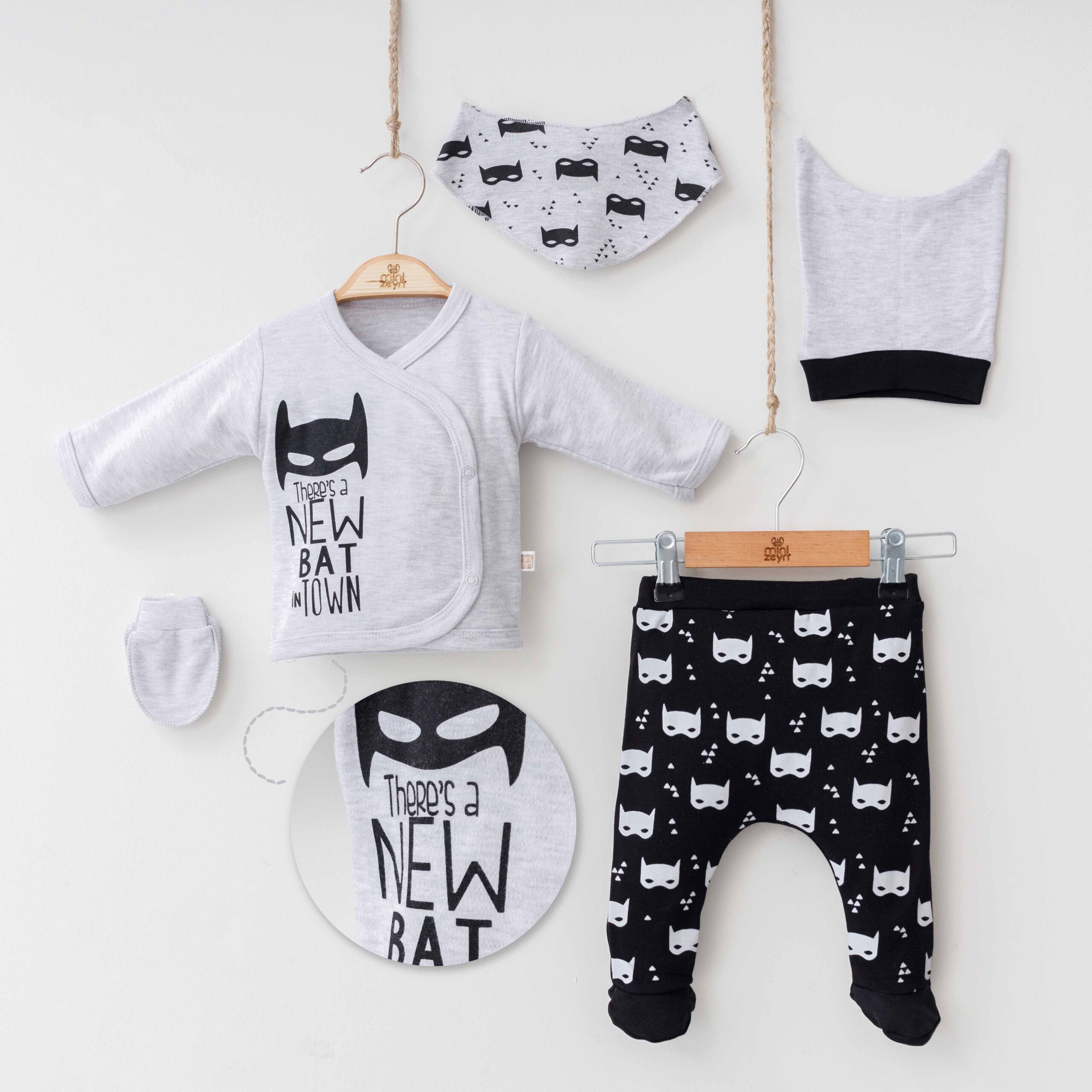 Baby Boy 5 Pieces Set (Body - Pant - Bib - Beret - Gloves) / 0-3M - Kids Fashion Turkey