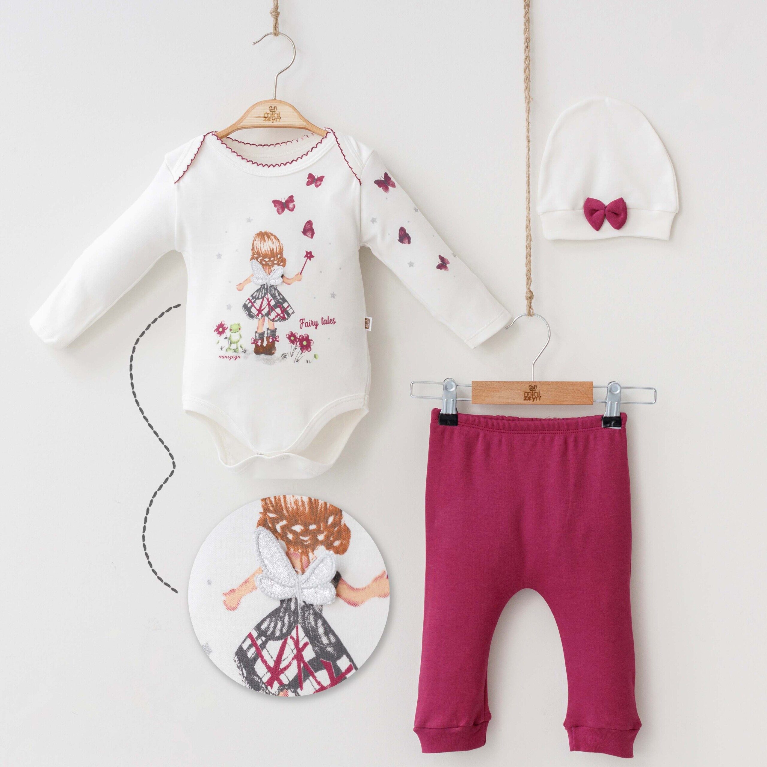 Baby Girl 3 Pieces Set (Bodysuit - Pant - Beret) / 3M | 6M | 9M - Kids Fashion Turkey